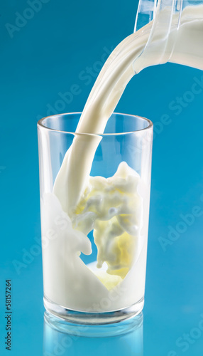 Splash of milk in transparent glass on blue background