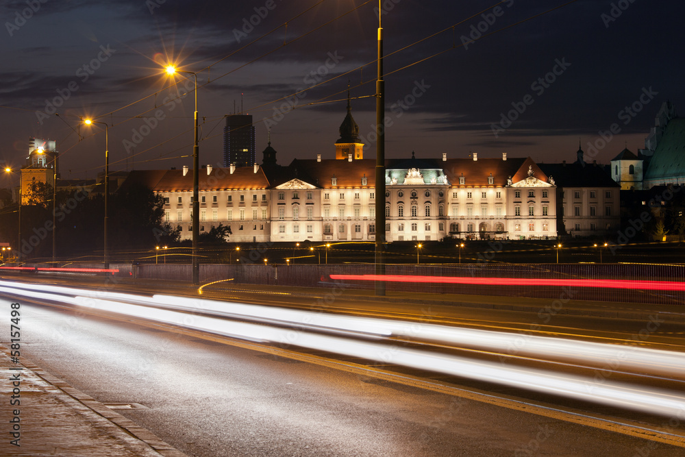Street View of the Royal Castle at Night in Warsaw