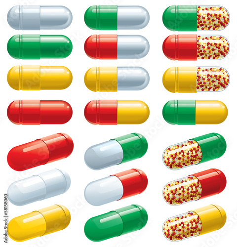 Vector set of many color Pharmaceutical capsules