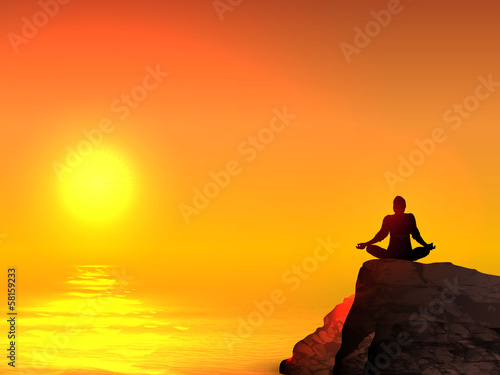 Silhouette woman practicing yoga on the beach at sunset. VECTOR