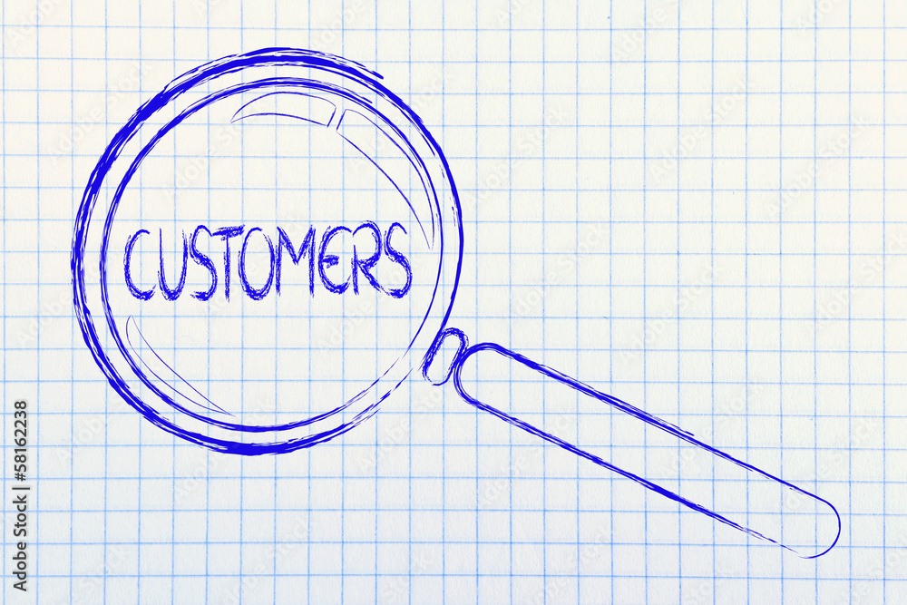 finding customers, magnifying glass focusing on clients finding customers, magnifying glass focusing on clients
