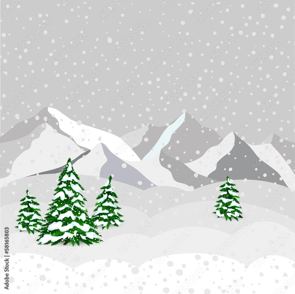 Winter landscape, mountain and forest in vector