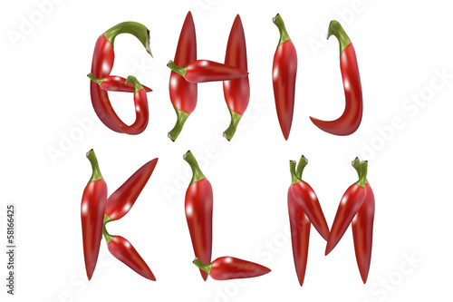 red chilli pepper alphabet on white background