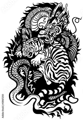 dragon and tiger black and white