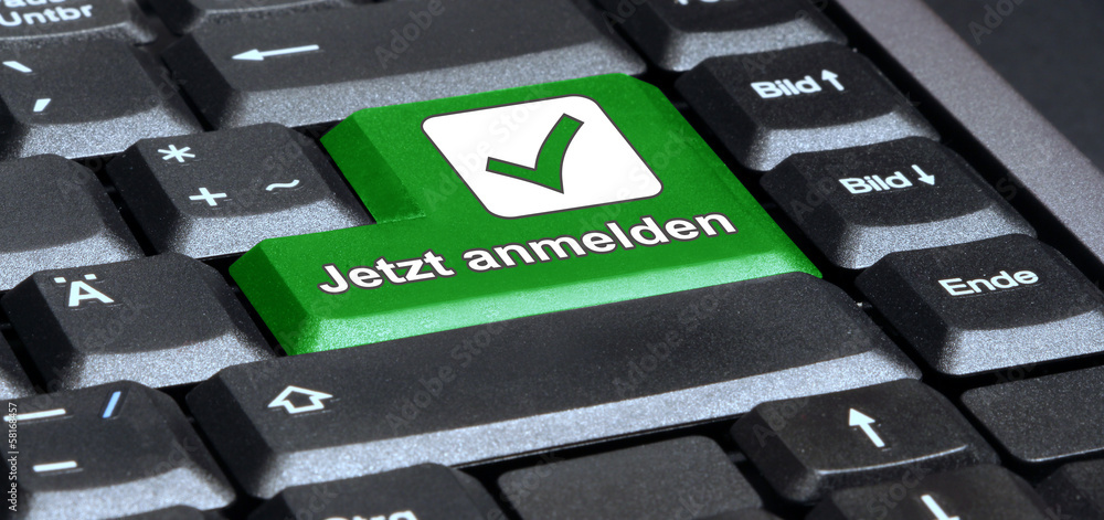 eks19 EnterKeySign - english: keyboard with green key - German: Jetzt  anmelden Taste auf Tastatur in grün mit Haken Symbol - g26 Stock Photo |  Adobe Stock