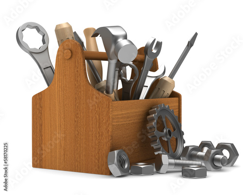 Wooden toolbox with tools. ...