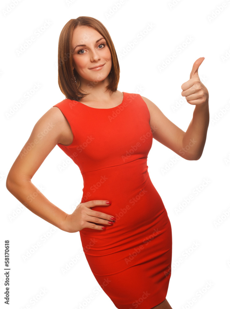 happy young woman girl shows positive sign thumbs yes, in an ora happy young woman girl shows positive sign thumbs yes, in an ora