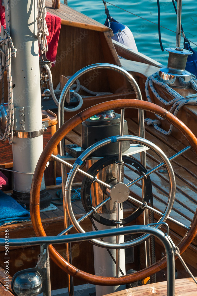 Steering wheel on sailing ship