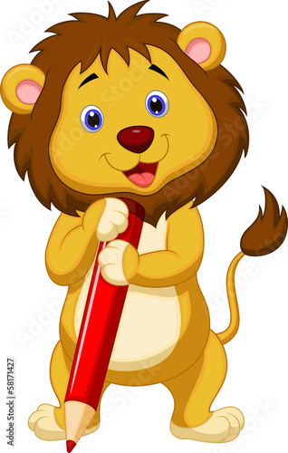 Cute lion cartoon holding red pencil
