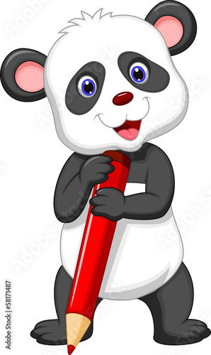 Fototapeta Naklejka Na Ścianę i Meble -  Cute panda bear cartoon holding red pencil