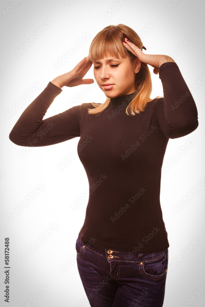 portrait tired young woman in pain and stress headache, holding portrait tired young woman in pain and stress headache, holding