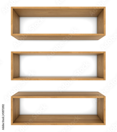 empty wooden shelf isolated on white background