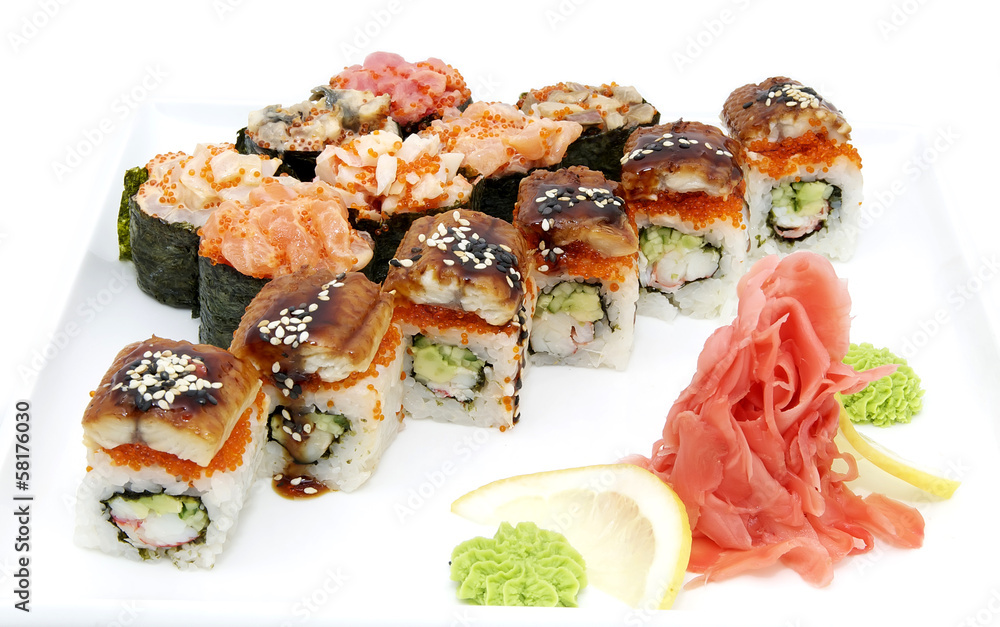 Japanese sushi fish and seafood on white background Japanese sushi fish and seafood on white background
