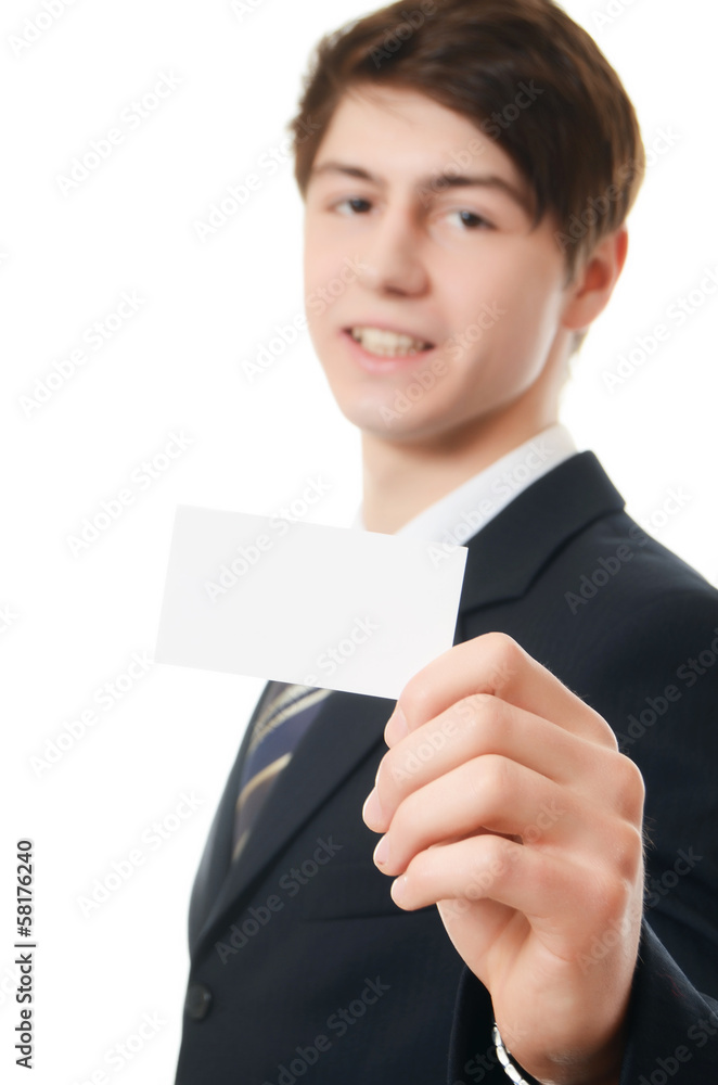 The businessman in a business suit with visiting card The businessman in a business suit with visiting card