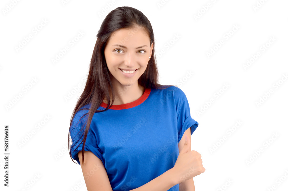 Happy girl with blue t-shirt signing thumbs up. Happy girl with blue t-shirt signing thumbs up.