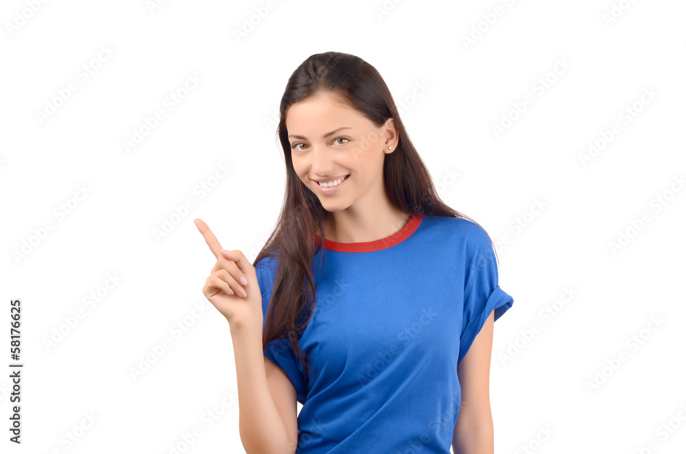 Attractive girl with blue t-shirt pointing up.. Attractive girl with blue t-shirt pointing up..