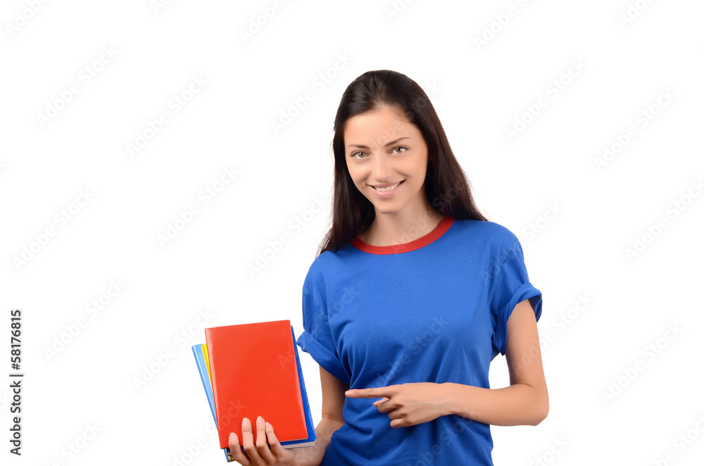 Beautiful student pointing to the blank red book cover. Beautiful student pointing to the blank red book cover.
