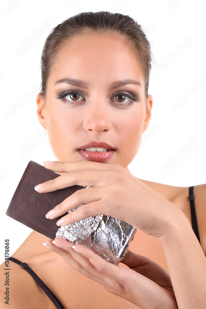 Portrait of beautiful young girl with chocolate isolated Portrait of beautiful young girl with chocolate isolated