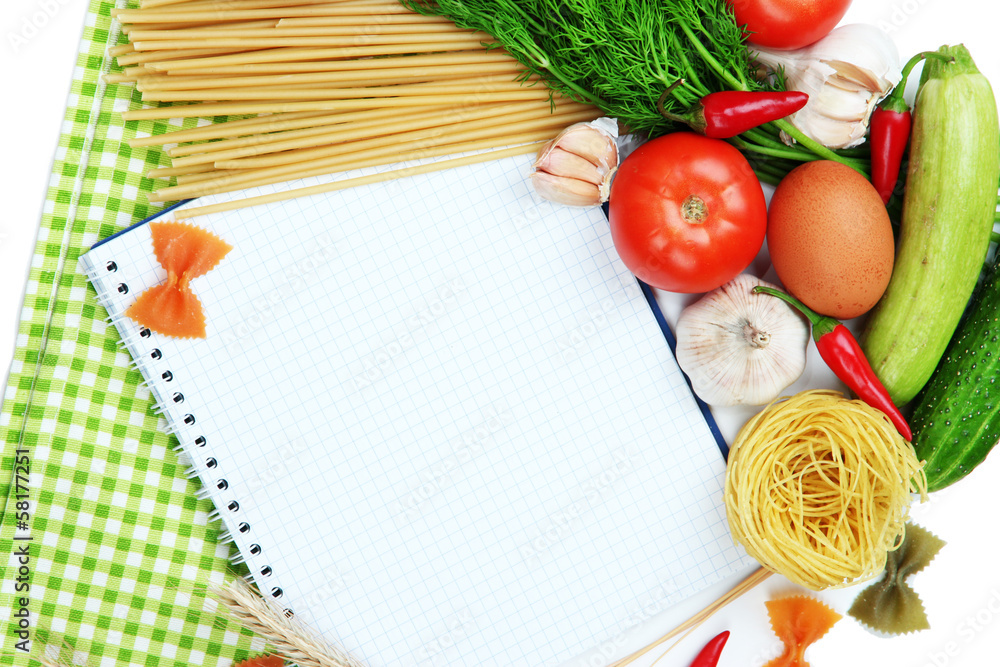 Cooking concept. Groceries with empty cookbook close up
