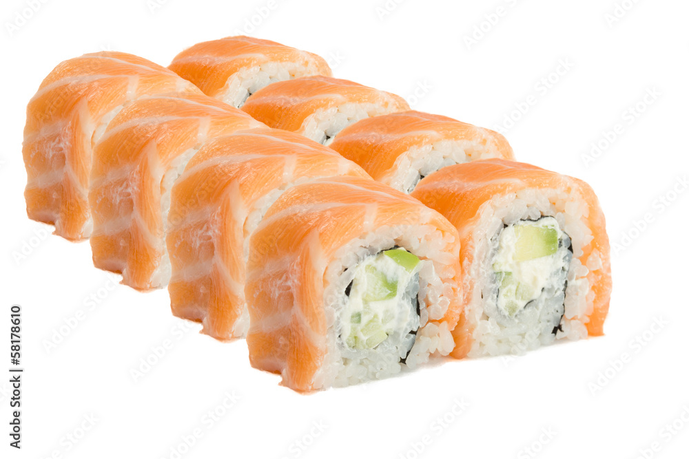 sushi roll with salmon isolated on white background sushi roll with salmon isolated on white background