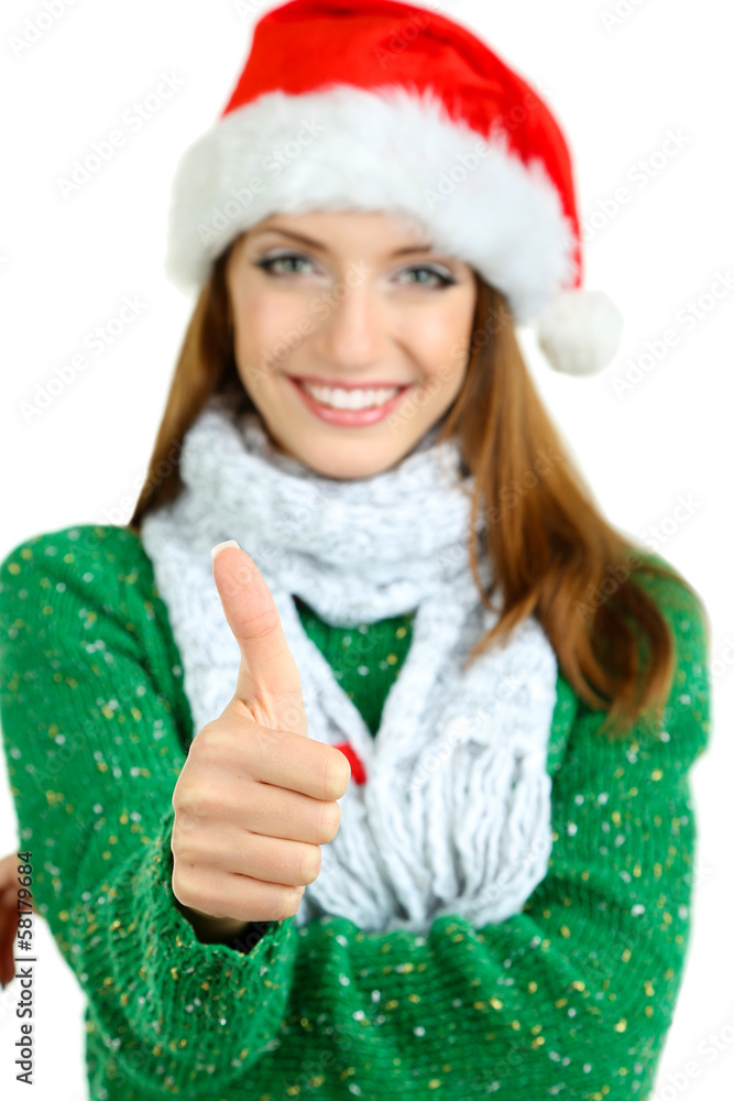Beautiful smiling girl in New Year hat isolated on white Beautiful smiling girl in New Year hat isolated on white