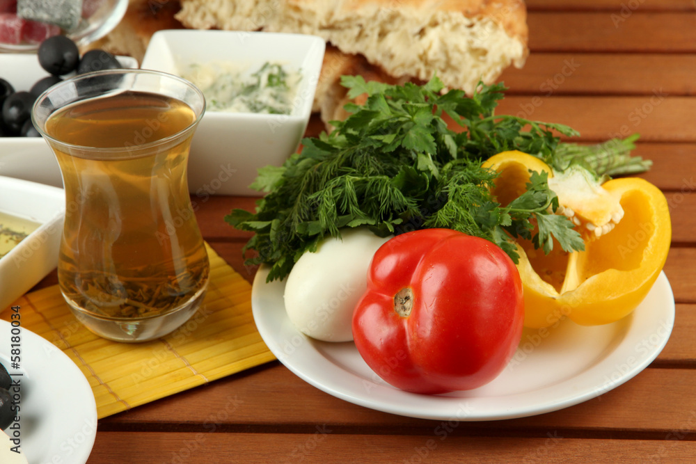 Traditional Turkish breakfast on table close up Traditional Turkish breakfast on table close up