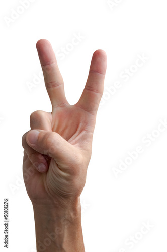 Hand showing the sign of victory and peace closeup isolated on w