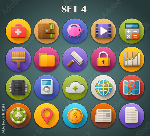 Round Bright Icons with Long Shadow Set 4