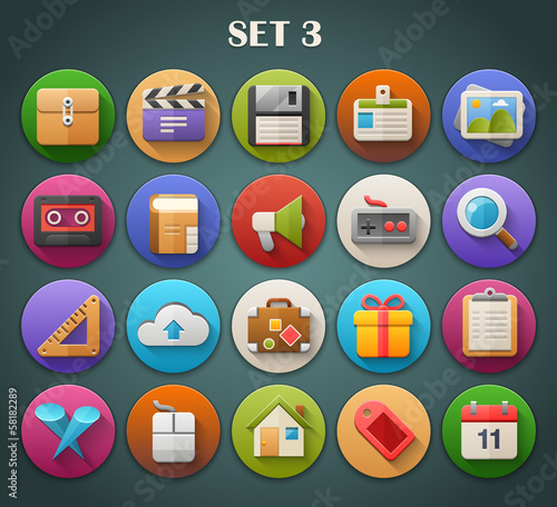 Round Bright Icons with Long Shadow Set 3
