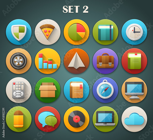 Round Bright Icons with Long Shadow Set 2