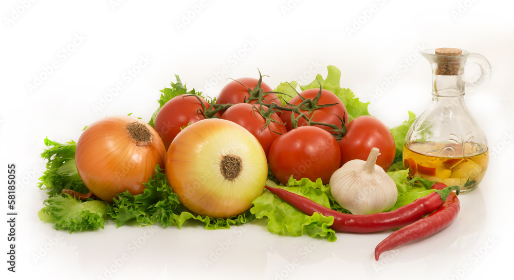 vegetables - lettuce, onion, garlic,chilli pepper, tomatoes and vegetables - lettuce, onion, garlic,chilli pepper, tomatoes and