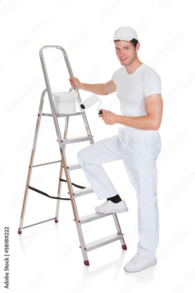 Painter With Paint Bucket And Roller Painter With Paint Bucket And Roller