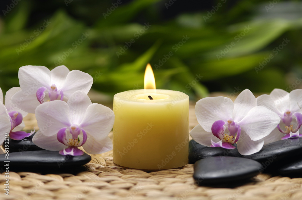 Macro of orchid with stones and mat on green plant background