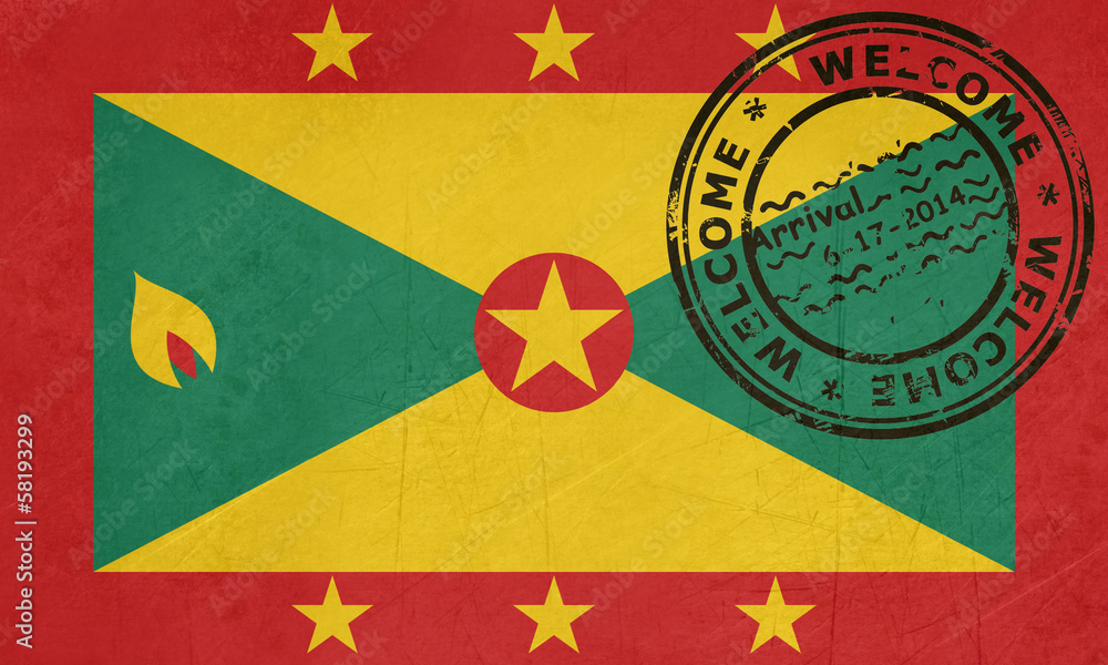 Fototapeta premium Welcome to Grenada flag with passport stamp
