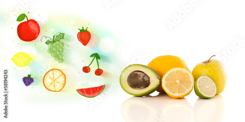 Fototapeta Naklejka Na Ścianę i Meble -  Colorful fruits with hand drawn illustrated fruits