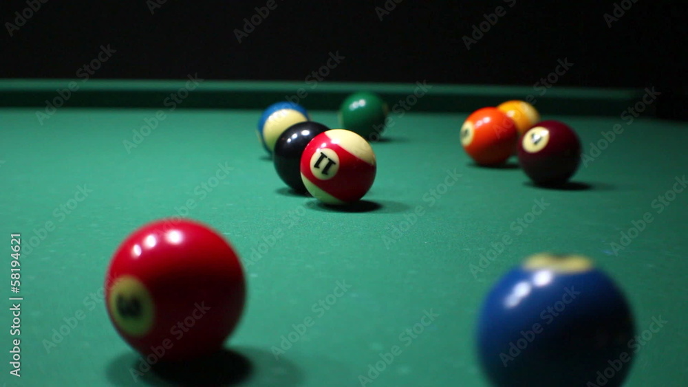 Billiards. Billiard ball triangle during the break shot Billiards. Billiard ball triangle during the break shot