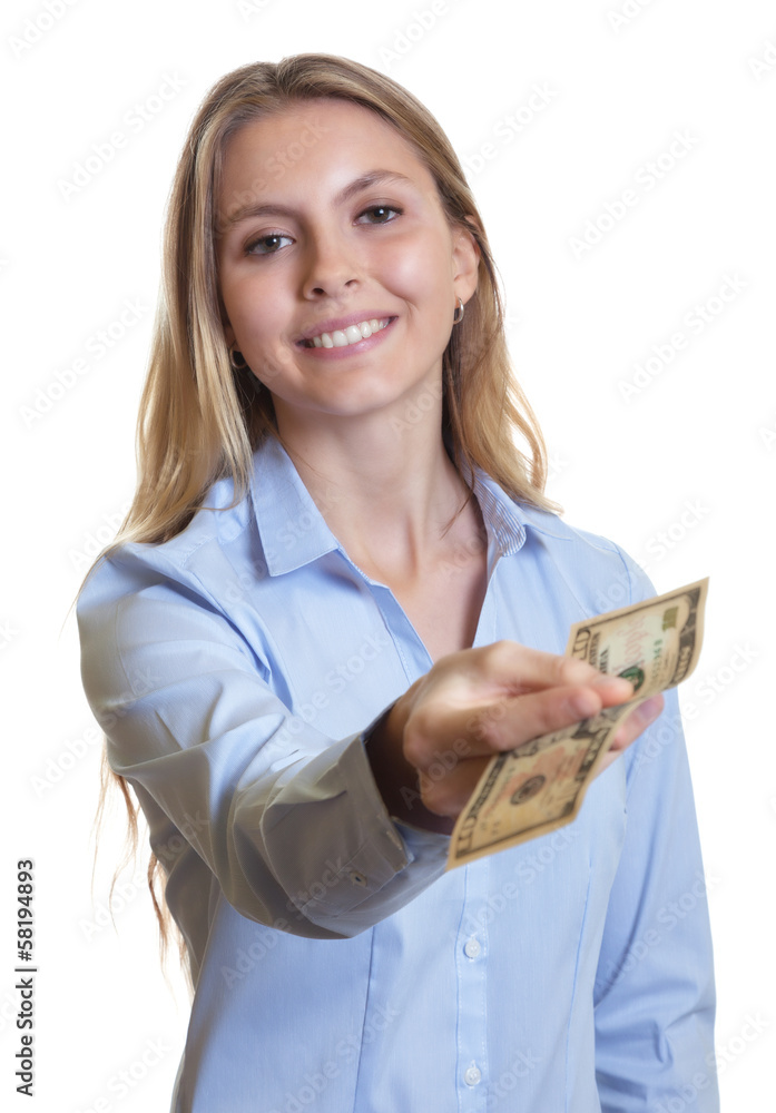 Laughing woman with long blond hair giving dollar note Laughing woman with long blond hair giving dollar note