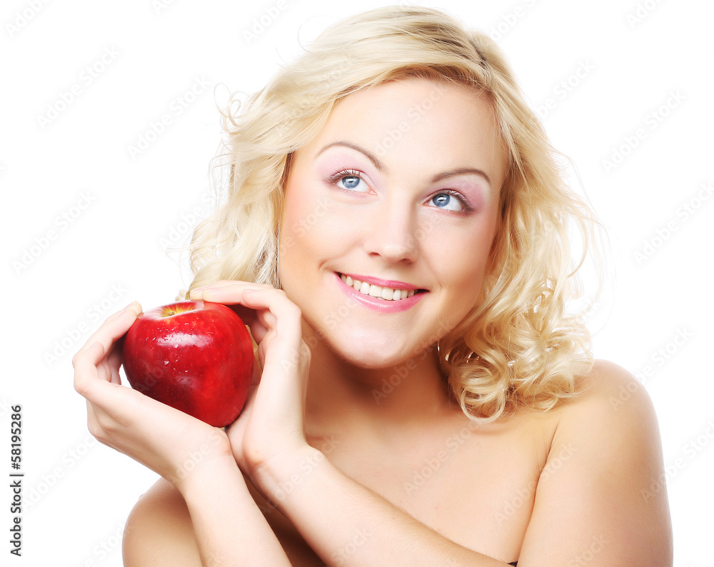 woman with an apple ahainst white background woman with an apple ahainst white background