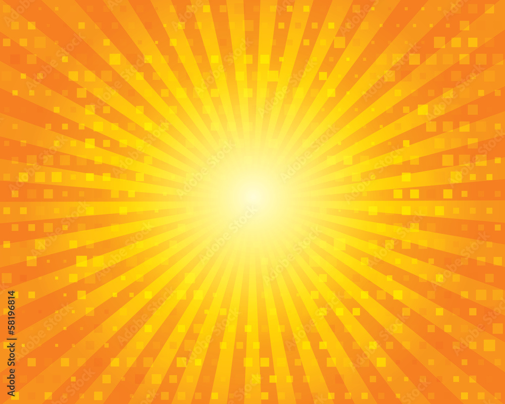 Sun Sunburst Pattern with squares. Orange sky. Sun Sunburst Pattern with squares. Orange sky.