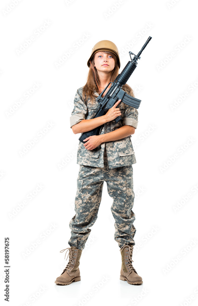 Soldier young beautiful girl dressed in a camouflage with a gun Soldier young beautiful girl dressed in a camouflage with a gun