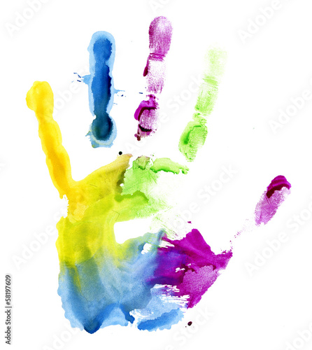 Close up of colored hand print on white