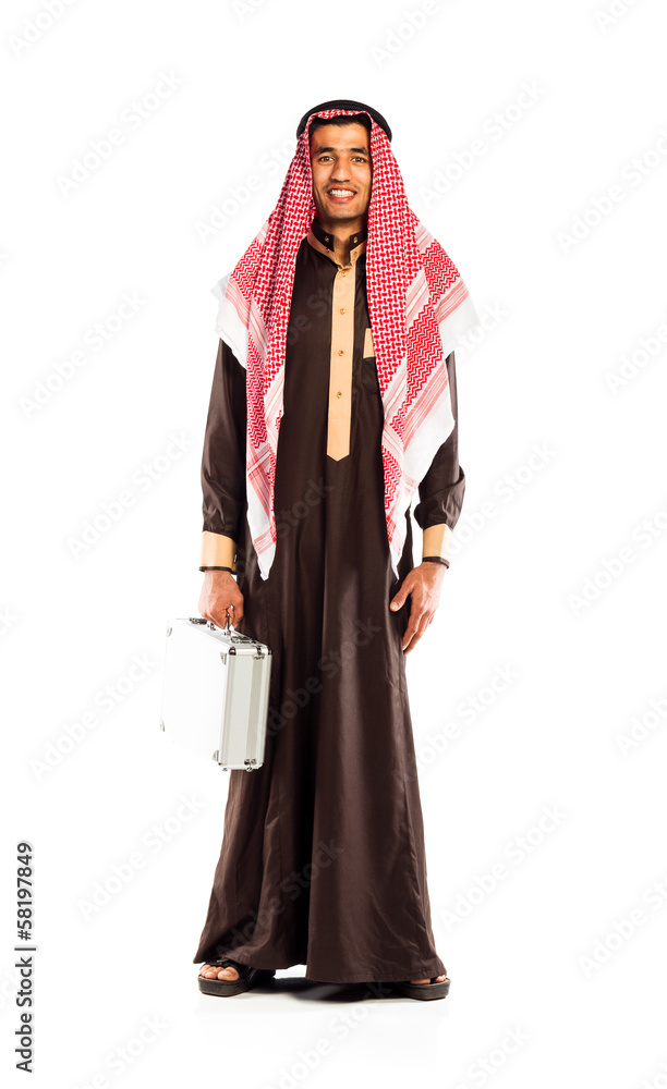 Young smiling arab with a aluminum case isolated on white Young smiling arab with a aluminum case isolated on white