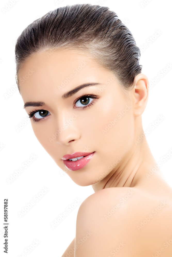 Beautiful girl with clean fresh skin, white background Beautiful girl with clean fresh skin, white background
