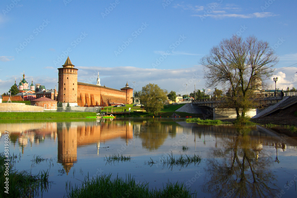 Kolomna Kremlin and its reflection in the river, Russia