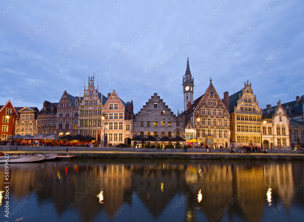 Embankment of old town at night, Ghent