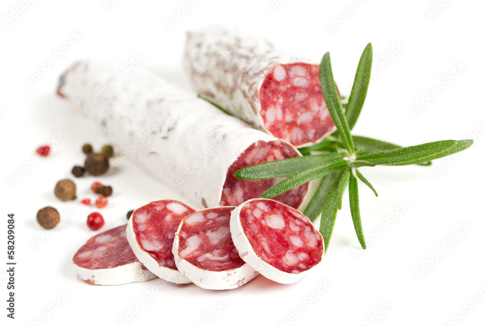sliced salami isolated on white background sliced salami isolated on white background