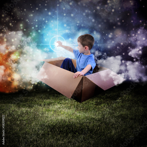 Space Boy in Box Touching Glowing Star