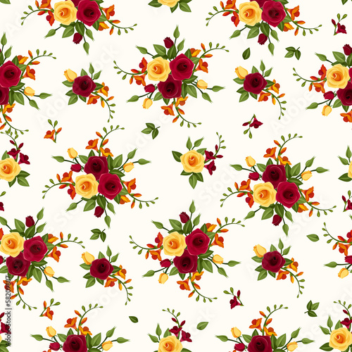 Vector seamless pattern with roses and freesia.