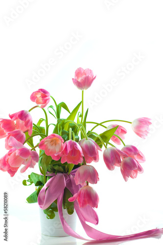 Beautiful pink tulips in white pot