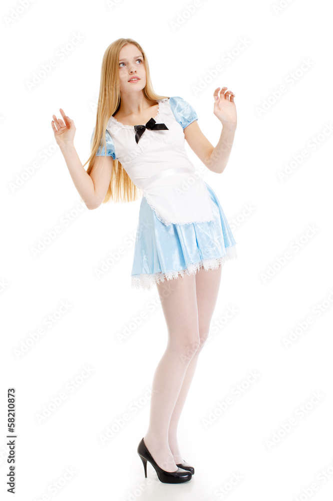 girl in blue dress with long hair on a white background girl in blue dress with long hair on a white background